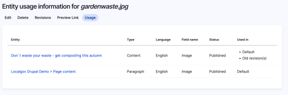 Screenshot of Drupal backend showing entity information for images.