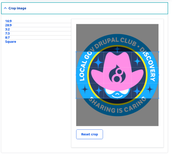 Screenshot of Drupal backend showing how to crop an image in the media library.