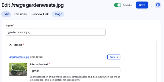 Screenshot of Drupal's media library showing the 'Usage' tab to show where the image is used on the site