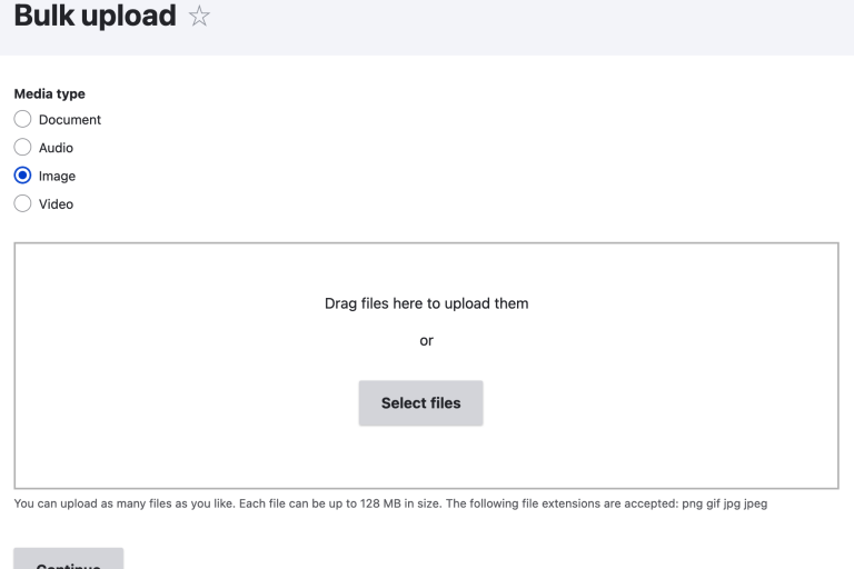 Screenshot of Drupal backend showing bulk upload