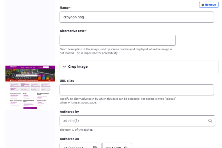 Screenshot of Drupal backend showing how to upload an image