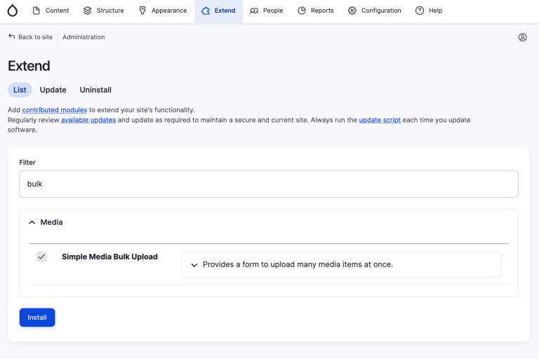 Screenshot of Drupal backend showing the Extend tab.